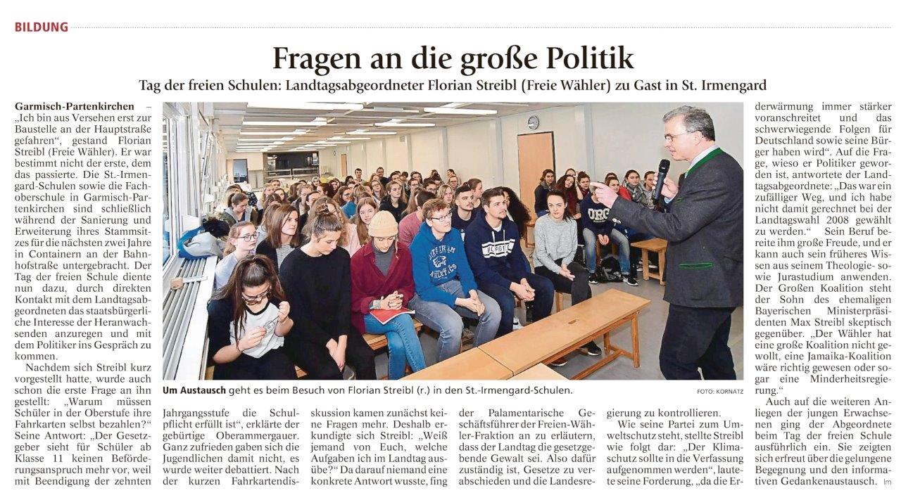 Landtagsabgeordneter Florian Streibl zu Gast bei den St.-Irmengard Schulen in Garmisch-Partenkirchen